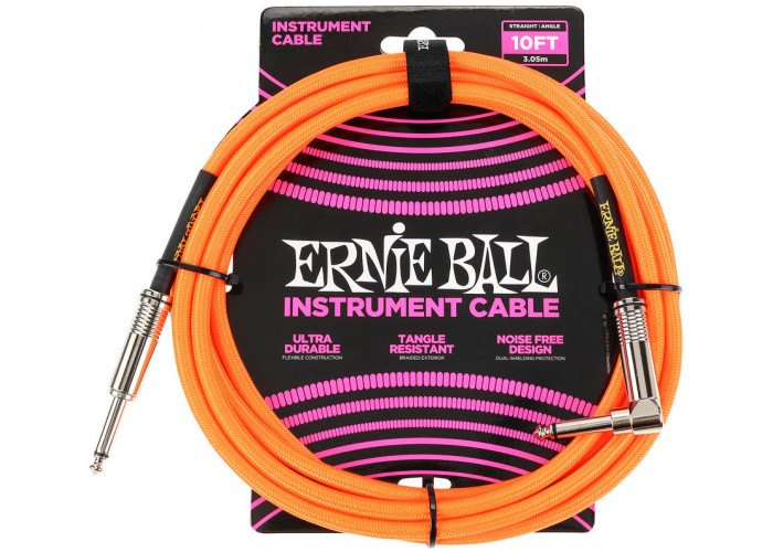 Ernie Ball 6079 кабель инструментальный, оплетёный, 3,05 м, прямой/угловой джеки, оранжевый неон