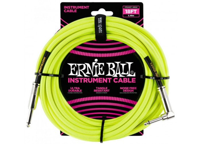 Ernie Ball 6085 кабель инструментальный, оплетёный, 5,49 м, прямой/угловой джеки, жёлтый