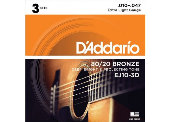 D'Addario EJ10-3D Bronze 80/20 Струны для акустической гитары, бронза, 10-47, 3 комплекта