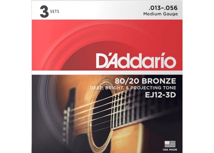 D'Addario EJ12-3D Bronze 80/20 Струны для акустической гитары, бронза, 13-56, 3 комплекта