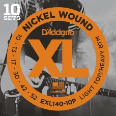 D'Addario EXL140-10P Nickel Wound Струны для электрогитары, Light Top/Heavy Bottom, 10-52, 10 компл