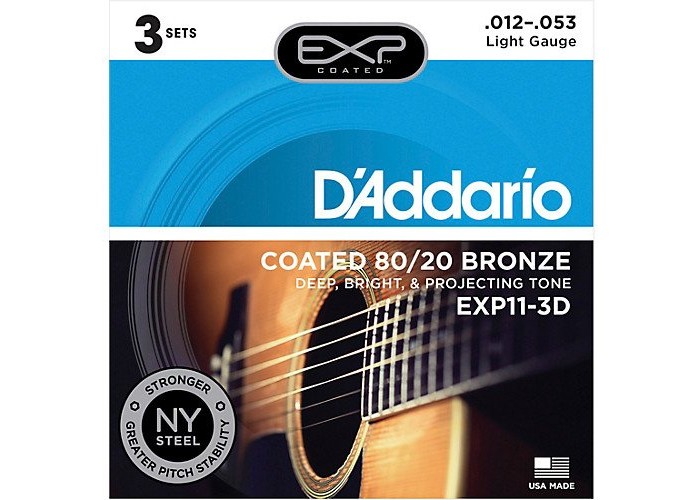 D'Addario EXP11-3D Coated 80/20 Струны для акустической гитары, Light, 12-53, 3 комплекта