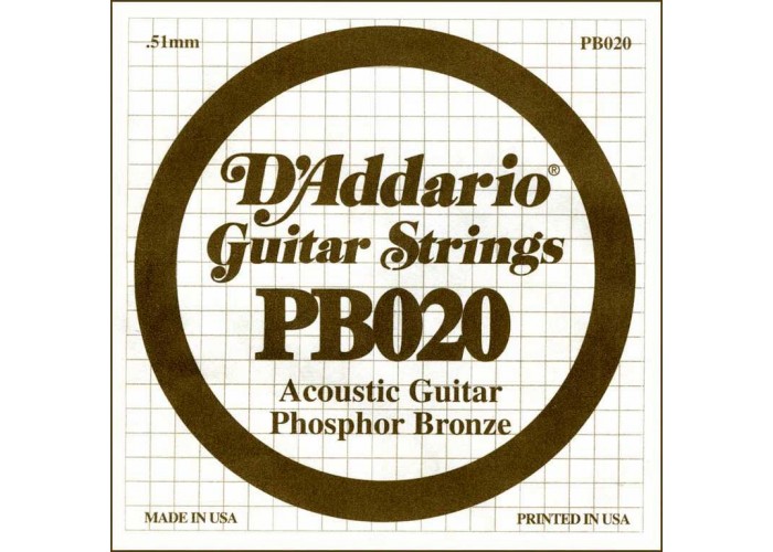 D'Addario PB020 Phosphor Bronze Отдельная струна для акустической гитары, фосфорная бронза, .020