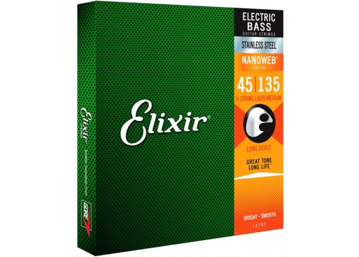 Elixir 14782 NanoWeb струны для 5-струнной бас-гитары Medium 45-135, сталь