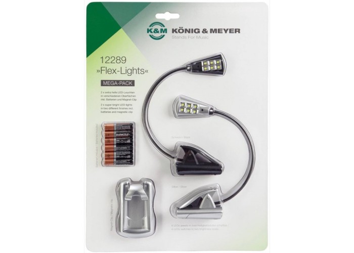 K&M 12289-000-00 комплект из 2х подсветок для нот, гибкая шея, прищепка, 6 LED,батарейки и магнитный